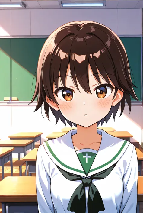 isobe noriko,ooarai school uniform,black tie,classroom,face focus,front view,looking at viewer,