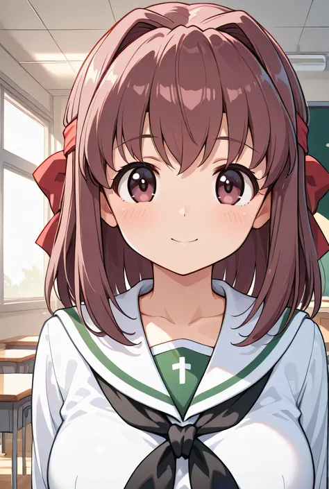 kondou taeko,ooarai school uniform,black tie,classroom,face focus,front view,looking at viewer,