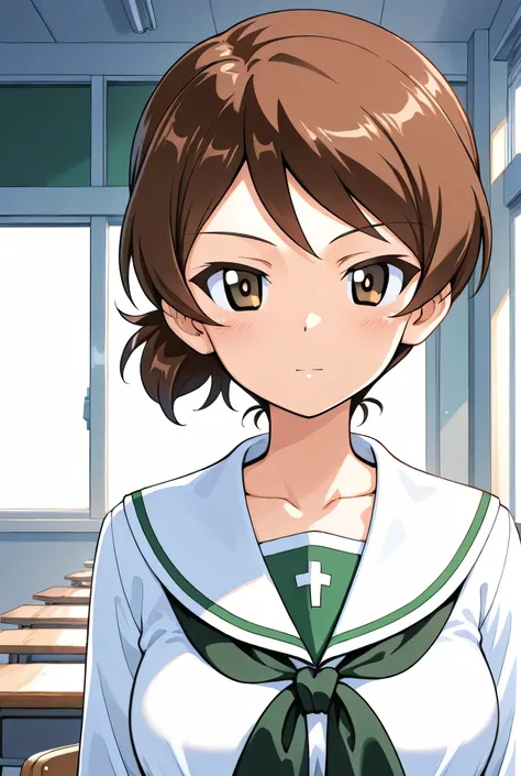 kawanishi shinobu \(girls und panzer\),ooarai school uniform,black tie,classroom,face focus,front view,looking at viewer,