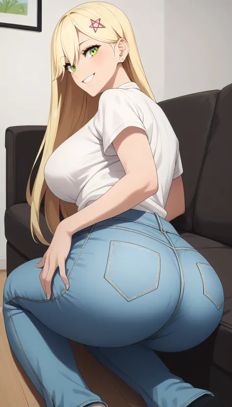 KJOmarin, blonde hair, long hair, hair ornament, green eyes, earrings, ear piercing, shirt, white shirt, short sleeves, pants, denim, jeans, living room, sitting on sofa, sitting on knees, thick legs, smile, looking at viewer, Big breasts, wide hips, sexy ...