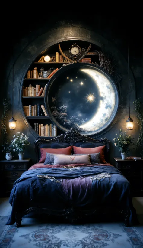 Hyper-realistic gothic-inspired bedroom with a crescent moon-shaped bookshelf arching over the bed. The bed has deep red and purple bedding with black and gold accents. The walls are dark stone or brick with a glowing crescent moon and two stars emitting b...