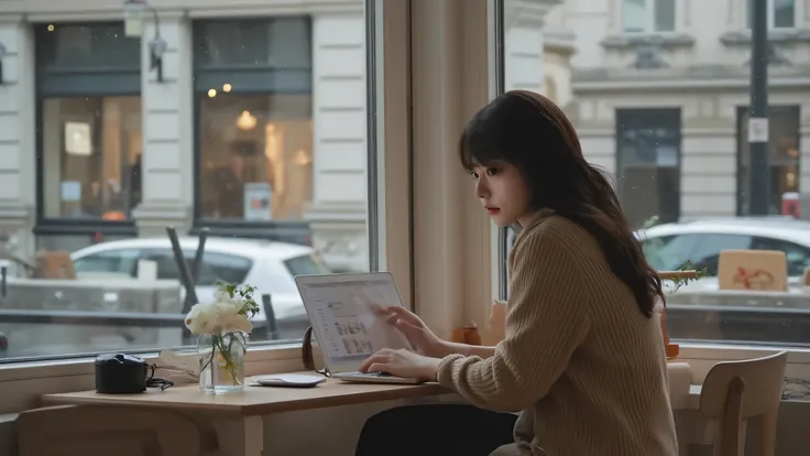 This is a street facing cafe,The camera's point of view is looking inside the cafe window from outside the cafe,From the cafe window,A Japanese female college student,towards the computer,surfing the internet from outside the cafe from outside the cafe win...