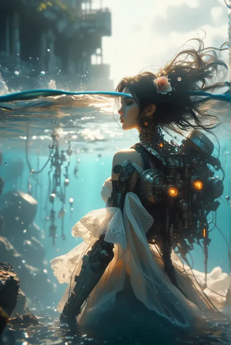 Beautiful robotic woman, with long black hair , carrying a gun and submerged underwater, a lot of stone and wood debris around you, With the rays of the sun illuminating the scene. Masterpiece, The best quality, amazing quality, very aesthetic, extremely h...