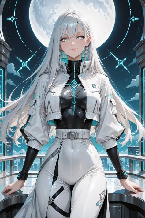 ((masterpiece, best quality, anime style, ultra-detailed)), (1girl, solo, human), (young female, age 18–20, elegant and composed build, glowing silver eyes:1.5, calm confident smirk, fair skin), (long silver hair styled with two tight loop-braids tied low ...