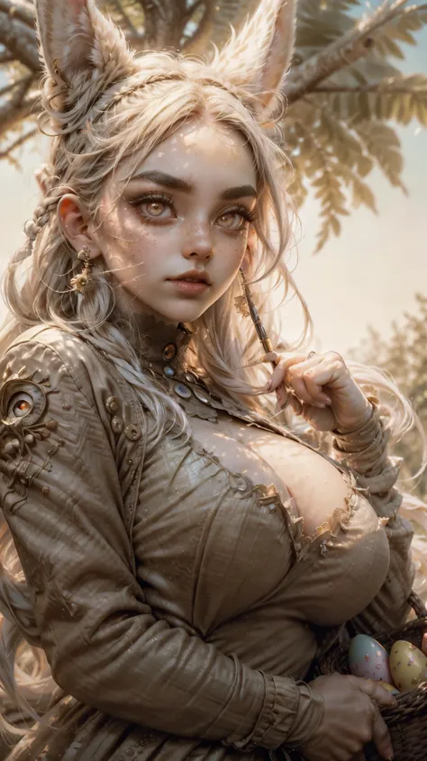 (masterpiece), (best quality), (ultra-detailed), (hyperrealistic), (sharp focus), (8k), (sun lighting), (low angle shot:1.5), forced perspective, VERY CLOSE , portrait of the face, Close-up major, raw, Young Girl, pale skin, Easter bunny, with very long ha...