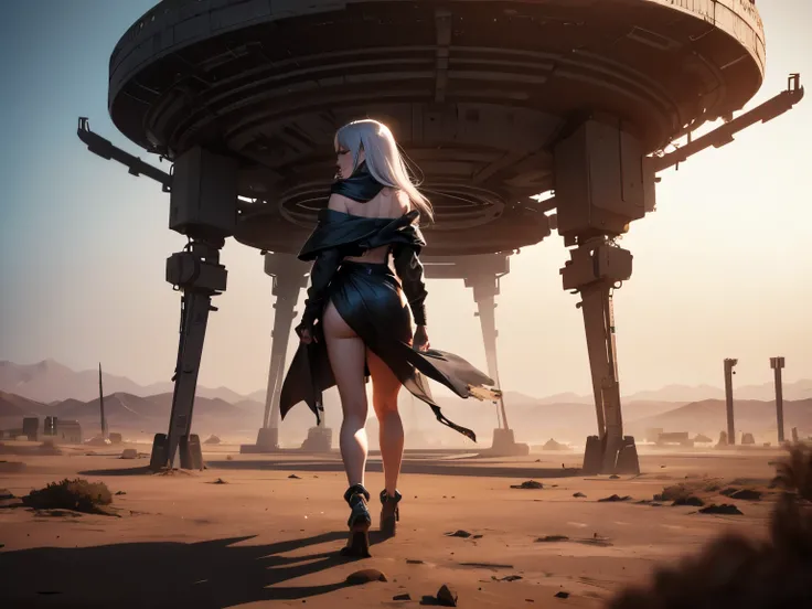 Create a 3D cinematic shot of a beautiful alien woman with large, glowing purple eyes, long platinum white hair, and pointed ears, stepping out of a futuristic, rusted spaceship. The camera angle should be positioned over the shoulder of a man standing sli...