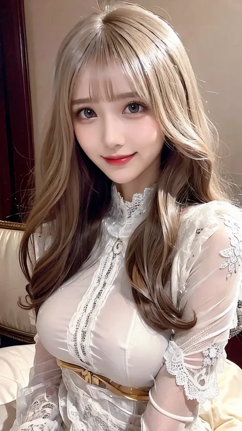     pretty Woman,   (beige fluffy hair)，Elegant ，  Smile,  actual , Full HD,    bangs， (yellow and white undershirt， hierarchy ，hollow structure，Lace) ，Lace，Lace，Curved Body， Curved Body ， gorgeous decoration ，