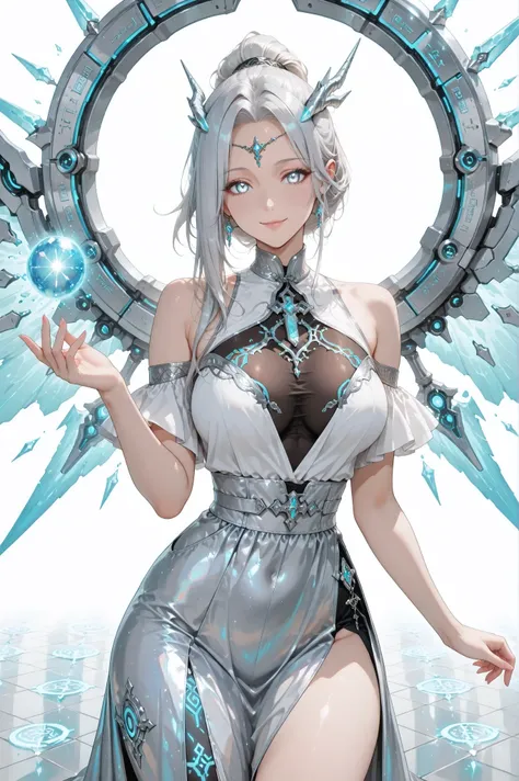 ((masterpiece, best quality, anime style, ultra-detailed)), (1girl, solo, human), (mature female, age 27, elegant curvy build:1.6, glowing silver eyes:1.4, innocent soft smile with subtle cunning, warm yet unreadable, fair skin), (very long silver hair:1.6...