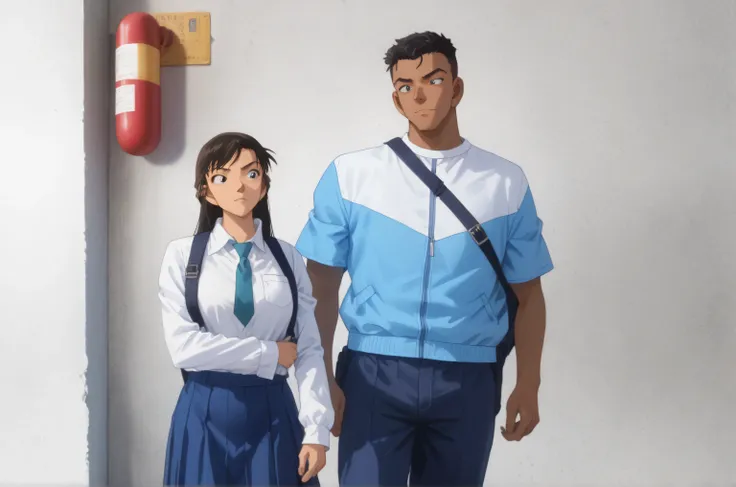 1male,short hair,slick back,black hair,tan skin,white and blue jacket,dark blue warm pants, white shose,big guy,and 1female,long hair,female white skin,white shirt,blue necktie,blue skirt,black shose,School Background,