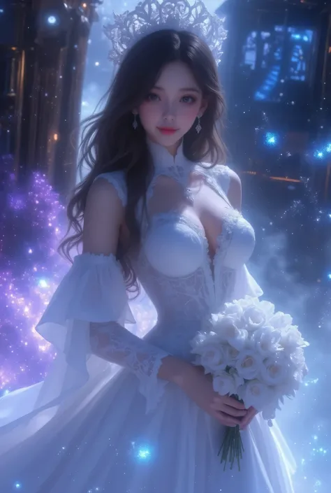  best quality , Super quality, 16k,  Unbelievably Absurd,  very detailed,  lovely photo,  delicate and dynamic,  Kiri Reina female, sexy fog girl,  seductive smile,  pure white wedding dress ,  great style , bouquet,  steampunk,  DIESEL PUNK ,  clock punk ...