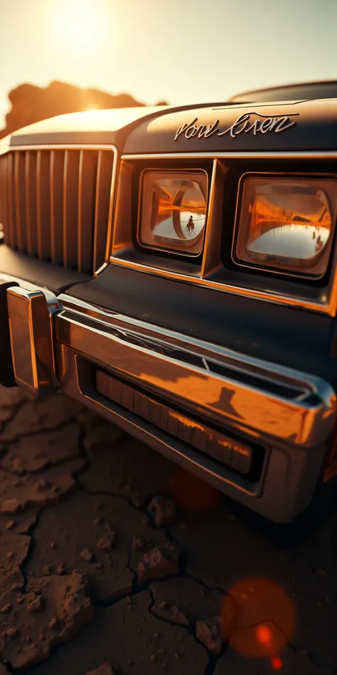 A gritty, close-up diagonal shot of a black 1983 Monte Carlo’s headlight, deep in the desert heat. Captured with a fisheye lens and high-grain film emulation, the chrome headlight reflects a warped image of a distant figure—Quentin Tarantino-style freeze-f...