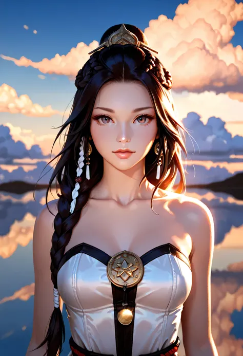 a woman samurai at sunset, beautiful woman samurai wearing ( Jewish Tefillin: 1.2), the Tefillin reflects light, ultra feminine, long hair, braided hair, dynamic hair color, light reflection, it is sunset, some clouds, award winning, photorealism, depth ...