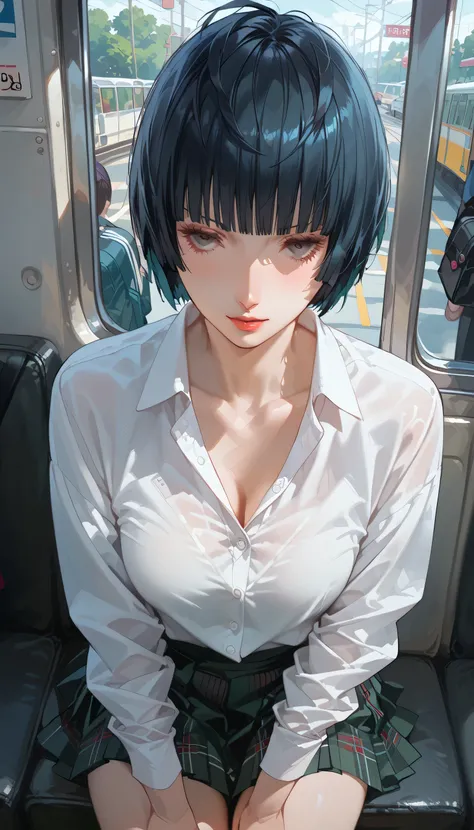Tae Takemi ,Persona 5, school uniform,  Protruding pubic hair ,  in the train, from above, Perfect detail,anatomically accurate, ray tracing, Movie Light Effects ,down blouse