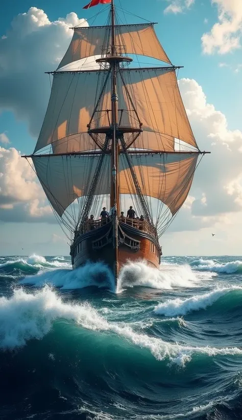 A masterpiece depicting the top-quality sailing adventure of a seafaring story unfolds on the turbulent seas, showcasing a huge wooden sailing ship battling through rough waves with outstanding sailing skills exhibited by all crew members. A breathtaking m...
