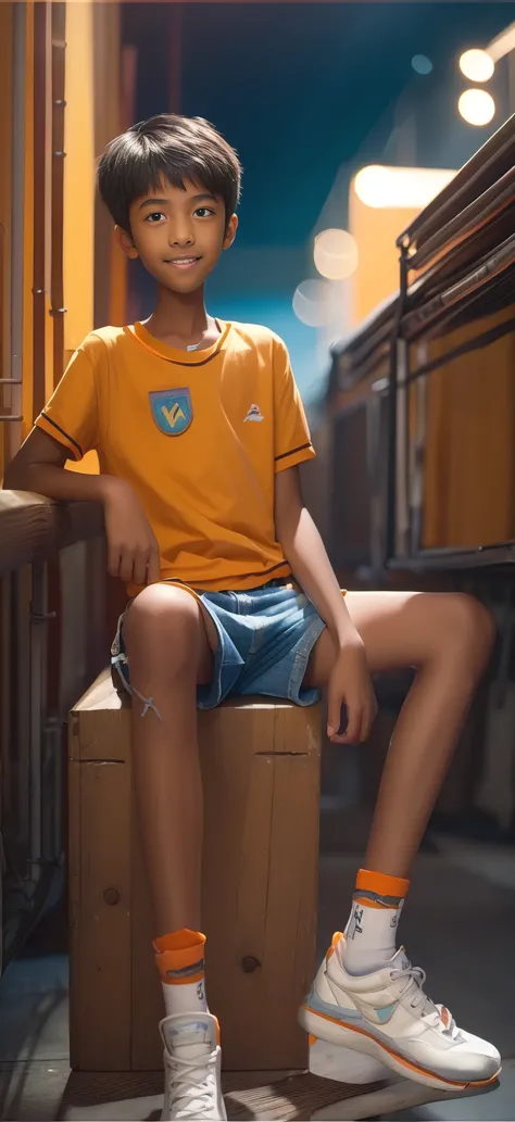Fourteen year old boy , , denim shorts ,orange t-shirt , big eyes, Super short hair ,full body photo ,A middle school student , Come out and smile ,Night sky background,brightly colored high-top shoes,HD sharp line,Adult Content