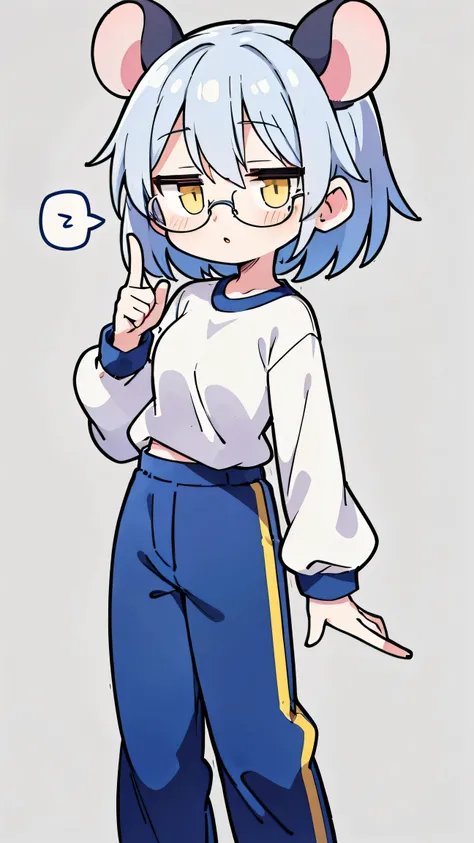 Anime Style、 female、 mouse ear、silver hair、 short hair、Long pants with blue and yellow lines、 long sleeve white gym clothes、simple background、glasses、Talking、 pointing finger
