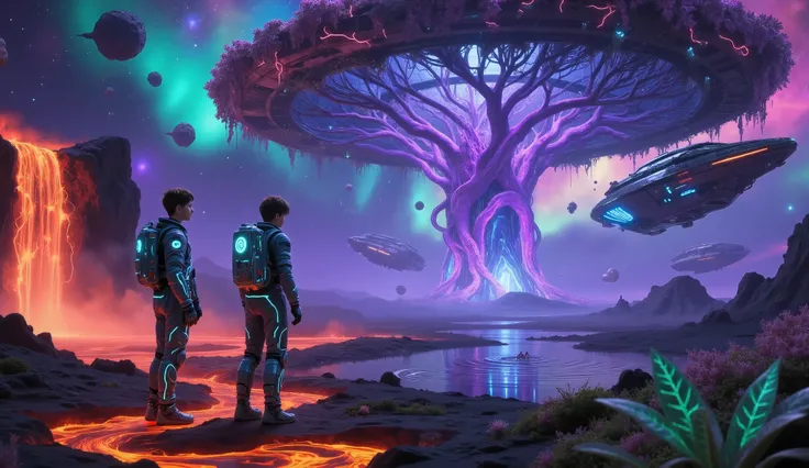 The infamous Cthulhu style Details， 1 boy , 1 Girl, Brave space travelers。these young explorers in high-tech space suits，The inside of the spacesuit has a complicated circuit design，Glowing neon lights。They're standing on an unknown alien planet，Every vine...