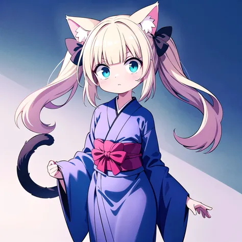 A cute pop‑anime chibi cat‑girl on a pure white background. – Hair: blunt bob with twin tails, platinum‑blonde roots fading to pastel‑purple tips, glossy highlights – Eyes: huge round aqua‑blue eyes with strong white catchlights – Cat ears & tail: soft pin...