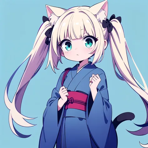A cute pop‑anime chibi cat‑girl on a pure white background. – Hair: blunt bob with twin tails, platinum‑blonde roots fading to pastel‑purple tips, glossy highlights – Eyes: huge round aqua‑blue eyes with strong white catchlights – Cat ears & tail: soft pin...