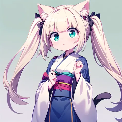 A cute pop‑anime chibi cat‑girl on green background. – Hair: blunt bob with twin tails, platinum‑blonde roots fading to pastel‑purple tips, glossy highlights – Eyes: huge round aqua‑blue eyes with strong white catchlights – Cat ears & tail: soft pink, matc...