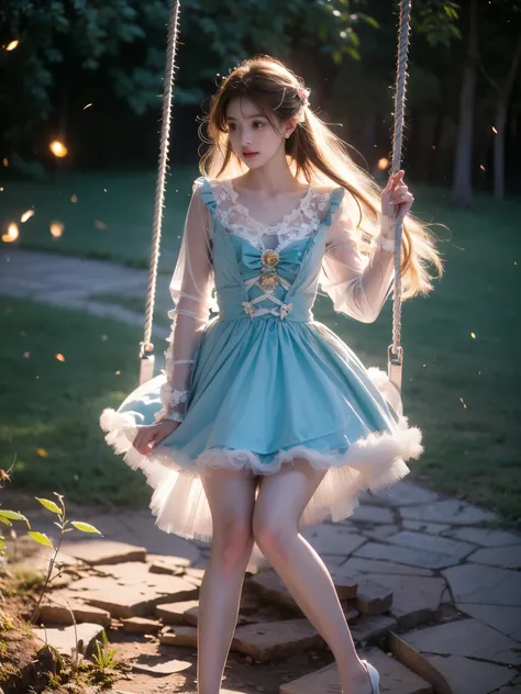 dress, bouffont dress, transparent long sleeves, daisies, cherry,, High-fashion photography, 8K, supermodel on swaying swing in moonlit rose garden. legs subtly visible. Motion blur on swing, fireflies, low angle, rim light, dewy skin, wind-blown hair, te...