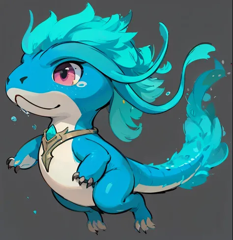 A cute Q version of the water dragon,Dangling,has leaf wings,Turquoise crown,has two lovely teardrop-like tentacles on its head,two front claws raised,There are water effects on the top of the head and tail