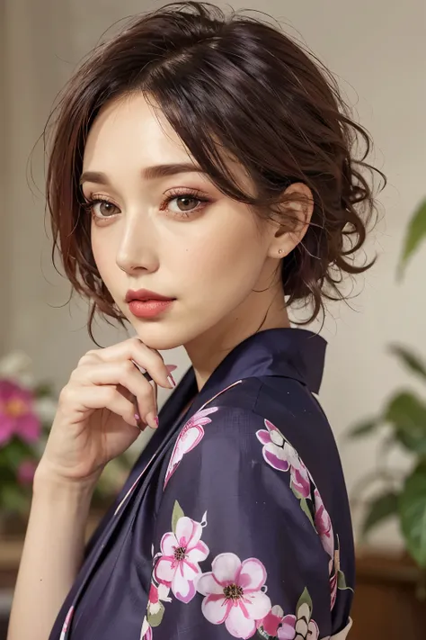 45 year old female with big cuffs((Big fuchsia eyes、Large reddish-purple splotches))An older woman with a very thin chin((Short fuchsia dyed hair with bangs))beautiful fuchsia lips、long lashes(beautiful 45-year-old woman wearing a gorgeous kimono with a pa...