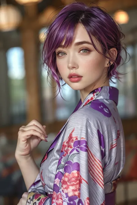 45 year old female with big cuffs((Big fuchsia eyes、Large reddish-purple splotches))An older woman with a very thin chin((Short fuchsia dyed hair with bangs))beautiful fuchsia lips、long lashes(beautiful 45-year-old woman wearing a gorgeous kimono with a pa...