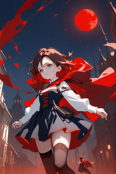 red cape, black dress, corset, white shirt, long sleeves, black skirt, black thighhighs, bandolier, red light, darkness, blood moon, red moon
