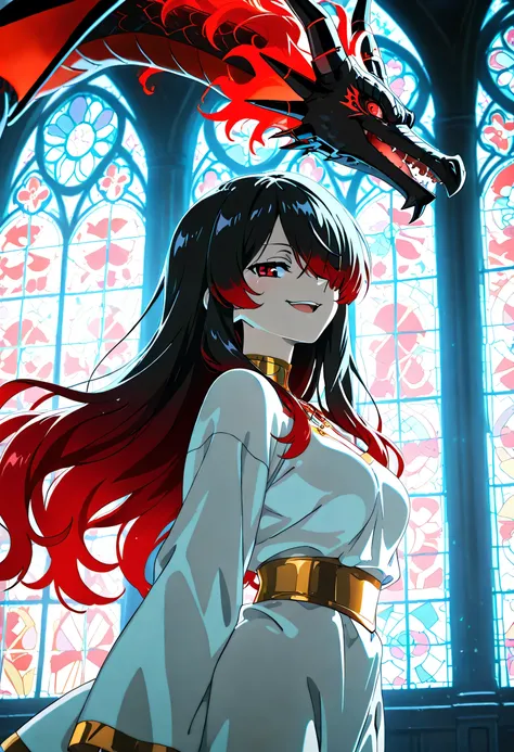 score_9, score_8_up, score_7_up, score_6_up, score_5_up, score_4_up, an anime girl with enchanted red ominous book, , (gold accessory) 1girl, Kuroki Monika, red eyes, gradient hair, black hair, red hair, long hair, asymmetrical hairline, hair over right ey...