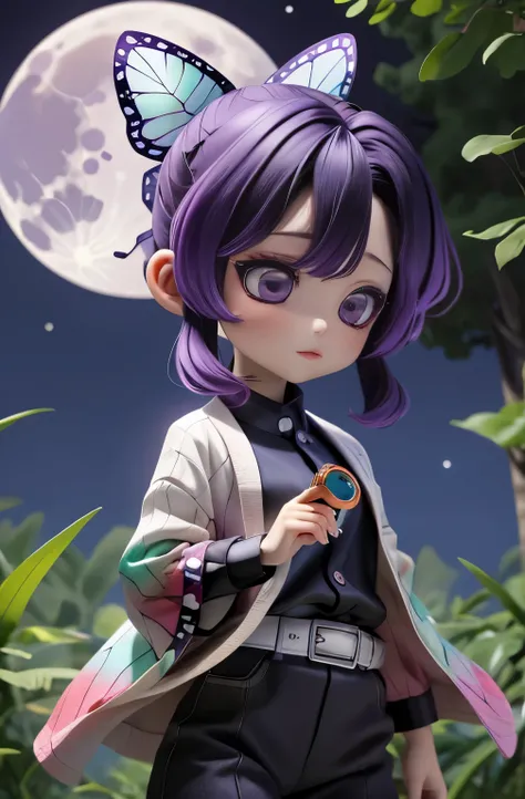 masterpiece, best quality, high resolution, 1 girl, solo, Kocho Shinobu, butterfly hair ornament, PURPLE EYES, multi colored hair, short hair, split bangs, Black Pants, Black Jacket, long sleeve, belt, cowboy shot, forest, night , moon