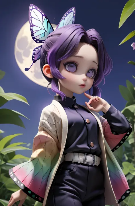 masterpiece, best quality, high resolution, 1 girl, solo, Kocho Shinobu, butterfly hair ornament, PURPLE EYES, multi colored hair, short hair, split bangs, Black Pants, Black Jacket, long sleeve, belt, cowboy shot, forest, night , moon