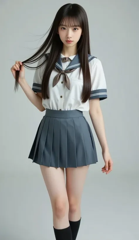The high resolution photograph of a Japanese young women, photo-realistic, extremely detailed, sharp focus, 1girl, solo, long hair, (photo selfie), (wearing short sleeve uniform, plated mini skirt), your left arms open button of shirt, open shirt, natural ...