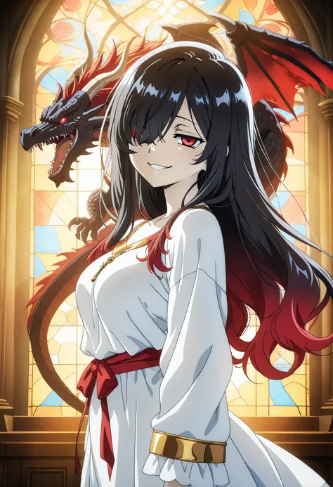 score_9, score_8_up, score_7_up, score_6_up, score_5_up, score_4_up, an anime girl with enchanted red ominous book, , (gold accessory) 1girl, Kuroki Monika, red eyes, gradient hair, black hair, red hair, long hair, asymmetrical hairline, hair over right ey...