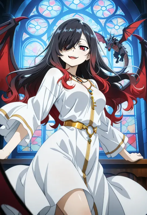 score_9, score_8_up, score_7_up, score_6_up, score_5_up, score_4_up, an anime girl with enchanted red ominous book, , (gold accessory) 1girl, Kuroki Monika, red eyes, gradient hair, black hair, red hair, long hair, asymmetrical hairline, hair over right ey...