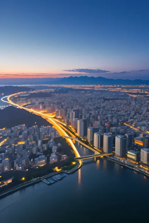 照らされた都市のスカイライン, Modern cityscape at night, Vibrant Skyscrapers, Shining Building, Fukuoka Tower Illuminated by Colorful Lights, Reflection River in the foreground, Mountain in the distance under the night sky々,  cityscapes , shining city lights, Tranquil A...