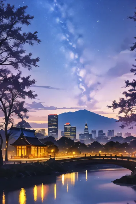 City Skyline Illuminated, Modern cityscape at night, Vibrant Skyscrapers, Shining Building, Fukuoka Tower Illuminated by Colorful Lights, Reflection River in the foreground, Mountain in the distance under the night sky々,  cityscapes , shining city lights, ...