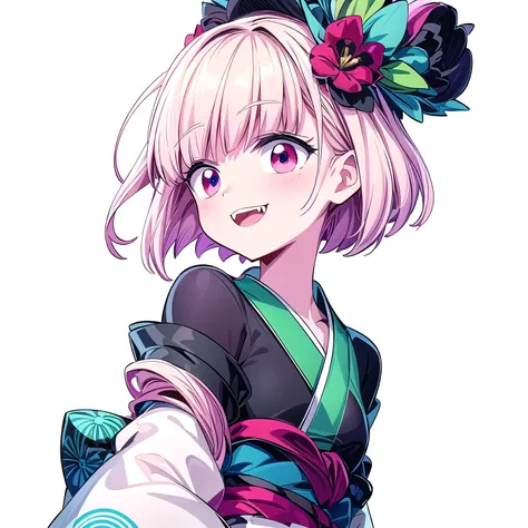 Pop‑anime style digital illustration, clean black line art and flat cel shading, bust‑up portrait from shoulders up, front view smiling girl. Pink short bob hair with a large red flower and small blue flower hair accessory, turquoise almond‑shaped eyes, sl...