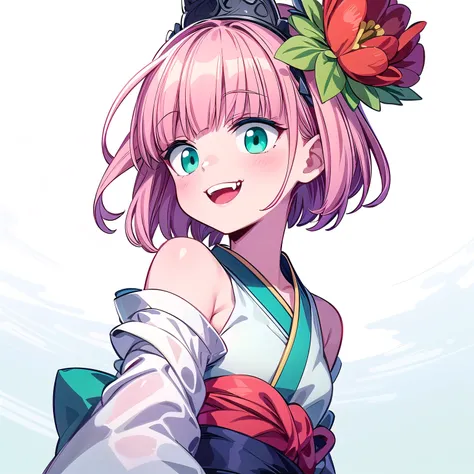 Pop‑anime style digital illustration, clean black line art and flat cel shading, bust‑up portrait from shoulders up, front view smiling girl. Pink short bob hair with a large red flower and small blue flower hair accessory, turquoise almond‑shaped eyes, sl...
