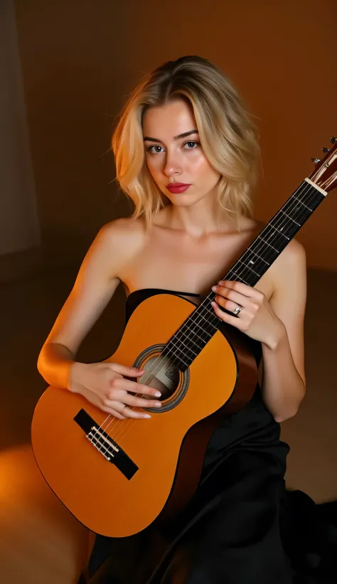 A beautiful blonde woman with fair skin and red lips, holding an acoustic guitar close to her chest, wearing a black satin dress, softly lit stage background with warm tones