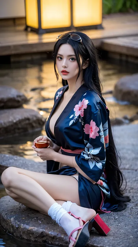 "Create a hyper-realistic portrait of Nico Robin from One Piece, reimagined as a real-life woman wearing a traditional Japanese kimono. She is a graceful and intelligent woman in her late twenties with a calm and mysterious aura. Her skin is smooth and pal...