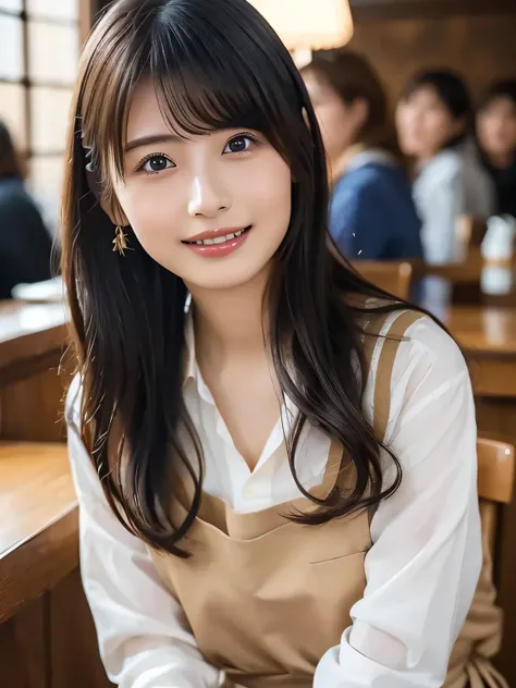 (best quality、Table Top、8k、best image quality、超A high resolution:1.5, (Photorealistic:1.4),masterpiece:1.2,(top-quality:1.4)、Raw photo)、Woman working at a cafe、The perfect brown apron、A classy shirt and apron、(highlight your body line:1.1)、portrait of a b...