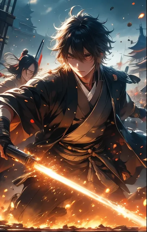 （（（ＳＦＷ、Highest quality、 first class masterpiece 、 Normal Body 、32k、  detailed face 、super precise、  normal hand、５refer to、Highest）））、Oda Nobunaga、Hashiba Hideyoshi、Akechi Mitsuhide、Sengoku Warlords、Sengoku period、Great people in history、 beam rifle、Future ...