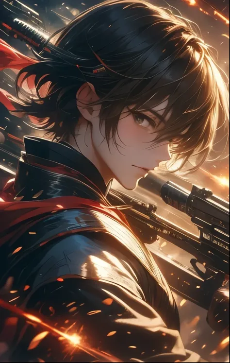 （（（ＳＦＷ、Highest quality、 first class masterpiece 、 Normal Body 、32k、  detailed face 、super precise、  normal hand、５refer to、Highest）））、Oda Nobunaga、Hashiba Hideyoshi、Akechi Mitsuhide、Sengoku Warlords、Sengoku period、Great people in history、 beam rifle、Future ...