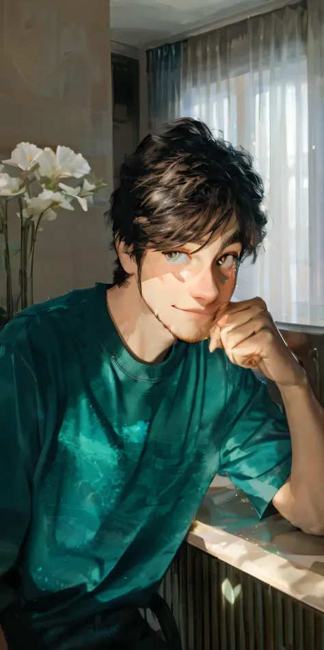 A young man sits casually in a bright room with natural light coming from a large window behind him. He is wearing a turquoise shirt that contrasts with his fair skin. His hair is black, thick, and neatly styled to the side. He looks at the camera with a c...