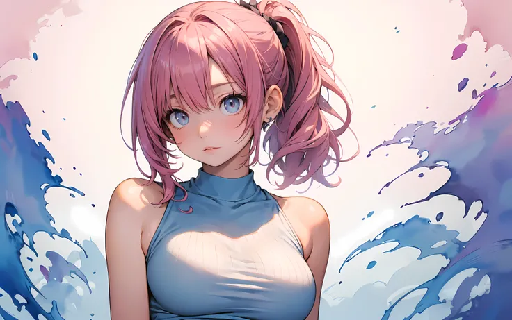 make a poster with an abstract watercolour background, side composition, 1 girl, extremely detailed face and eyes, long wavy messy pink hair in a ponytail, very tight sleeveless halter shirt,(medium sized round breasts:1.0), (tight shirt:1.3), (round breas...