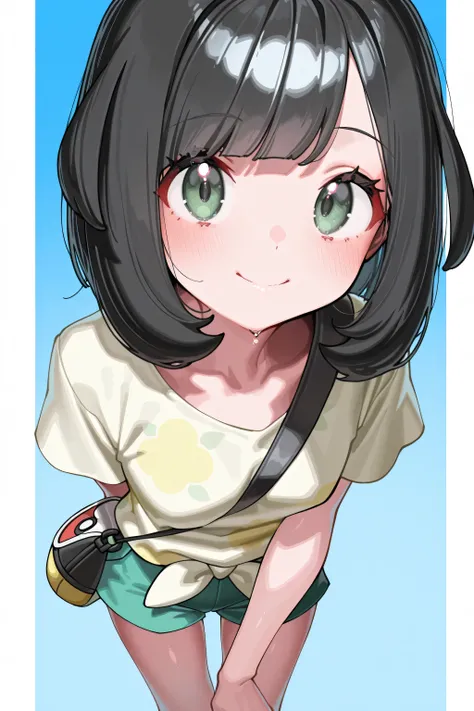 kmj-anonstyle, [artist:yoneyama mai], [artist:kanzarin], [artist: ekrea_jan], masterpiece,best quality,amazing quality, 748cmstyle, solo, eye focus, pokemon, pokemon sm, selene (pokemon), 1girl, bag, black bag, black hair, blue background, gradient backgro...