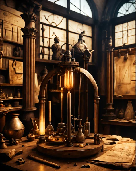 (((Leonardo da Vinci:1,3 ))) in a futuristic high-tech workshop, filled with holographic blueprints, AI-powered robotic arms, transparent OLED displays, cybernetic tools and glowing architectural models. Leonardo is wearing a sleek, modified Renaissance ro...