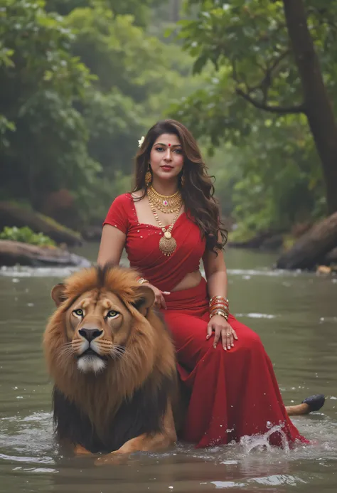Goodes durga showing her vulptous body in a river sitting on lion big ass big