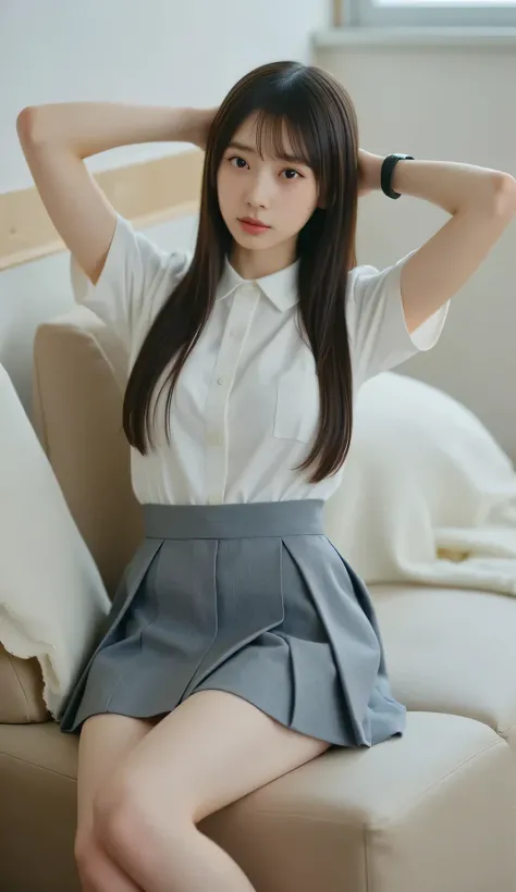 The high resolution photograph of a Japanese young women, photo-realistic, extremely detailed, sharp focus, 1girl, solo, long hair, (photo selfie), (wearing short sleeve shirt, plated mini skirt), unbutton, Big breasts, standing and crossed your legs, fair...